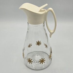 Log Cabin Syrup Dispenser Gold Atomic Starburst Glass Serving Jar Bottle Vintage